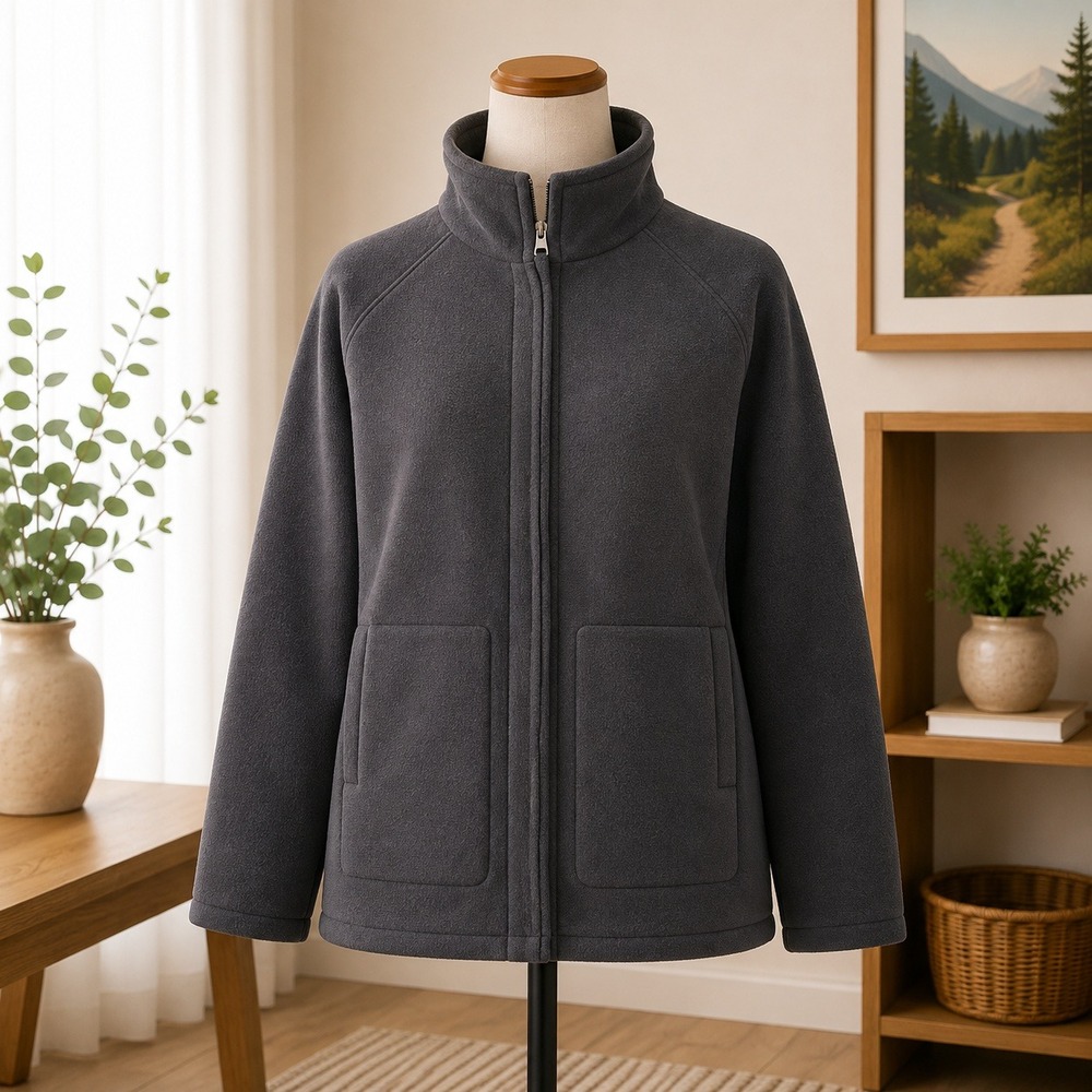 Denim & Company Fleece Jacket Womens LP Black Full Zip Funnel Neck Sherpa Lined